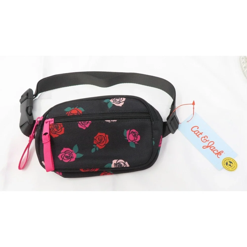 Cat & Jack Kids Floral Fanny Pack Black Rose Print Belt‎ Bag Adjustable NEW